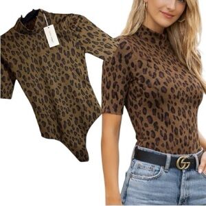 NWT $138 Lovers+Friends Radcliffe Bodysuit top Short Sleeves Brown Leopard